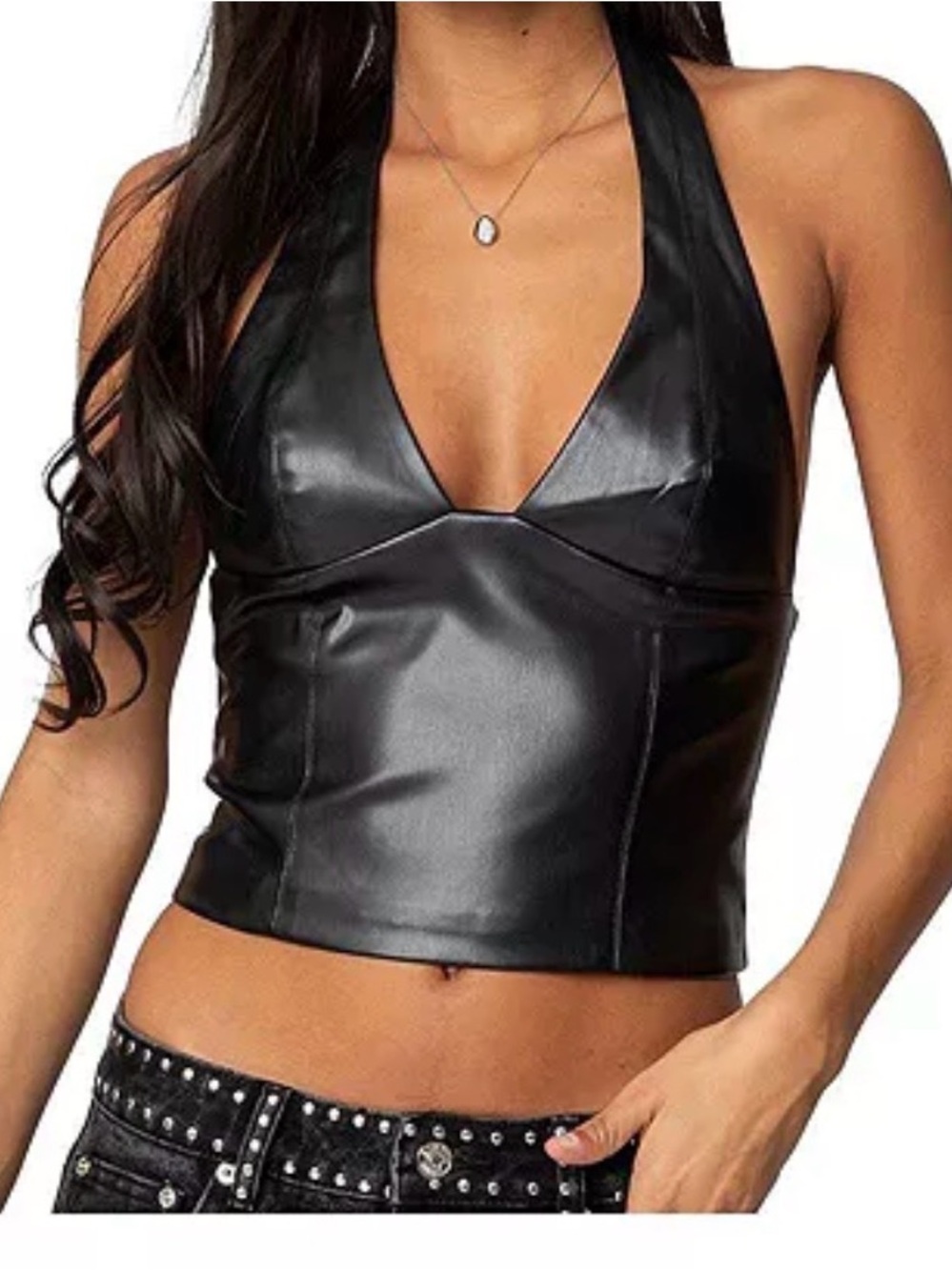 NWT Edikted Black Faux Leather Halter Top